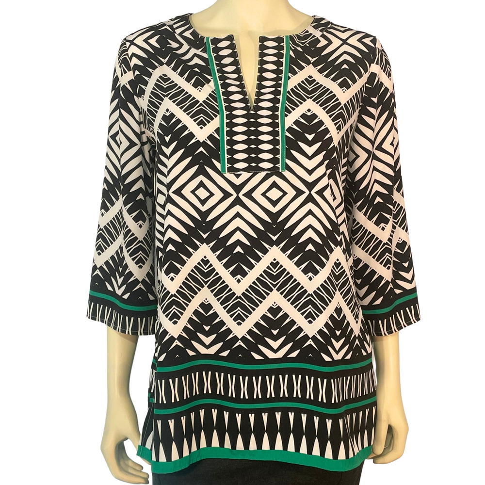 Chico's Sz 0 S 4 Tunic Top Silky Rayon African Tribal Print Black/White/Green